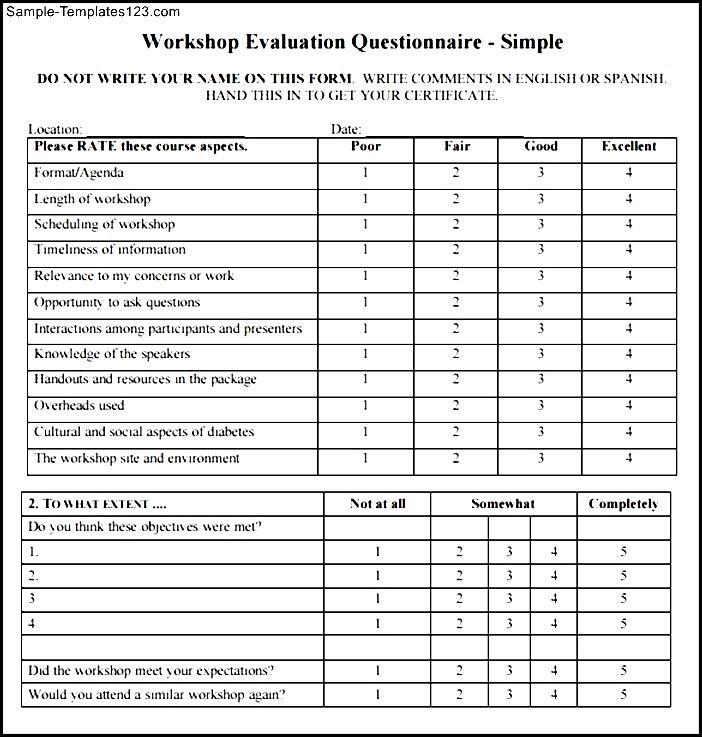 Simple Work Shop Evaluation Form Sample Templates Sample Templates