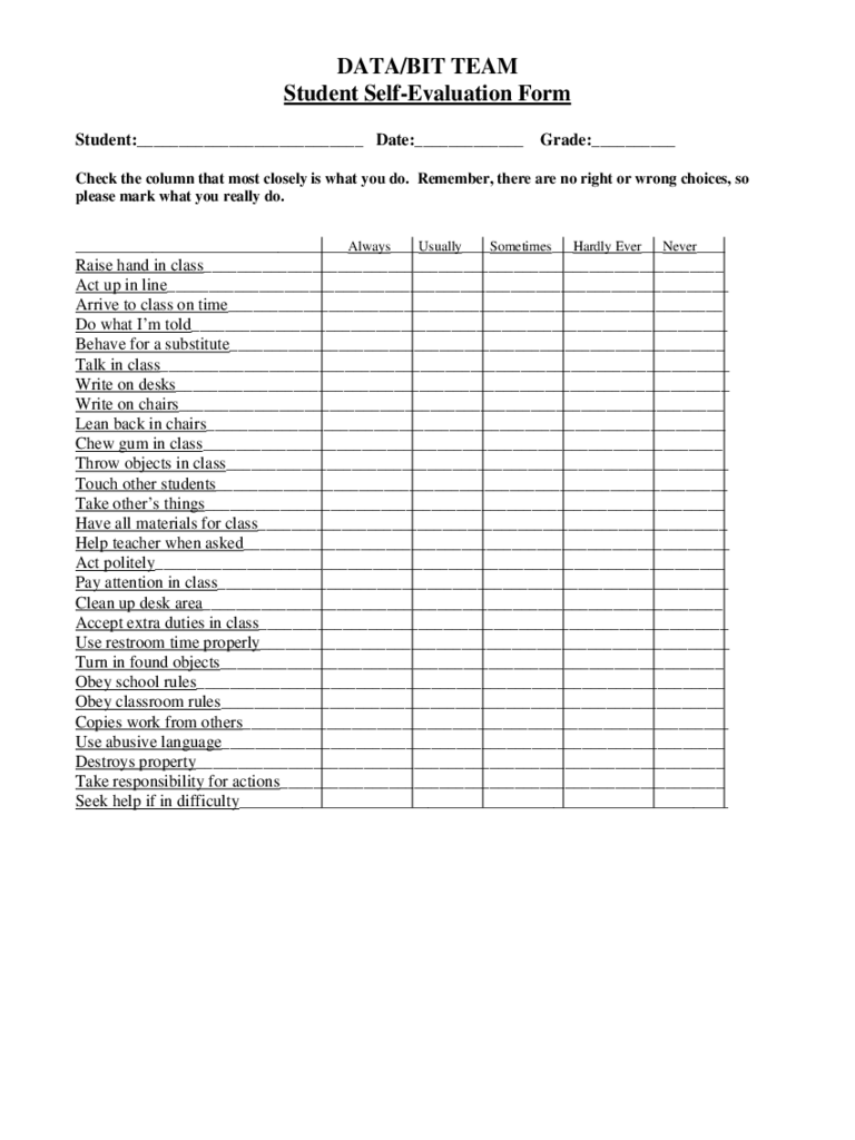 Student Self Evaluation Form 2 Free Templates In PDF Word Excel 