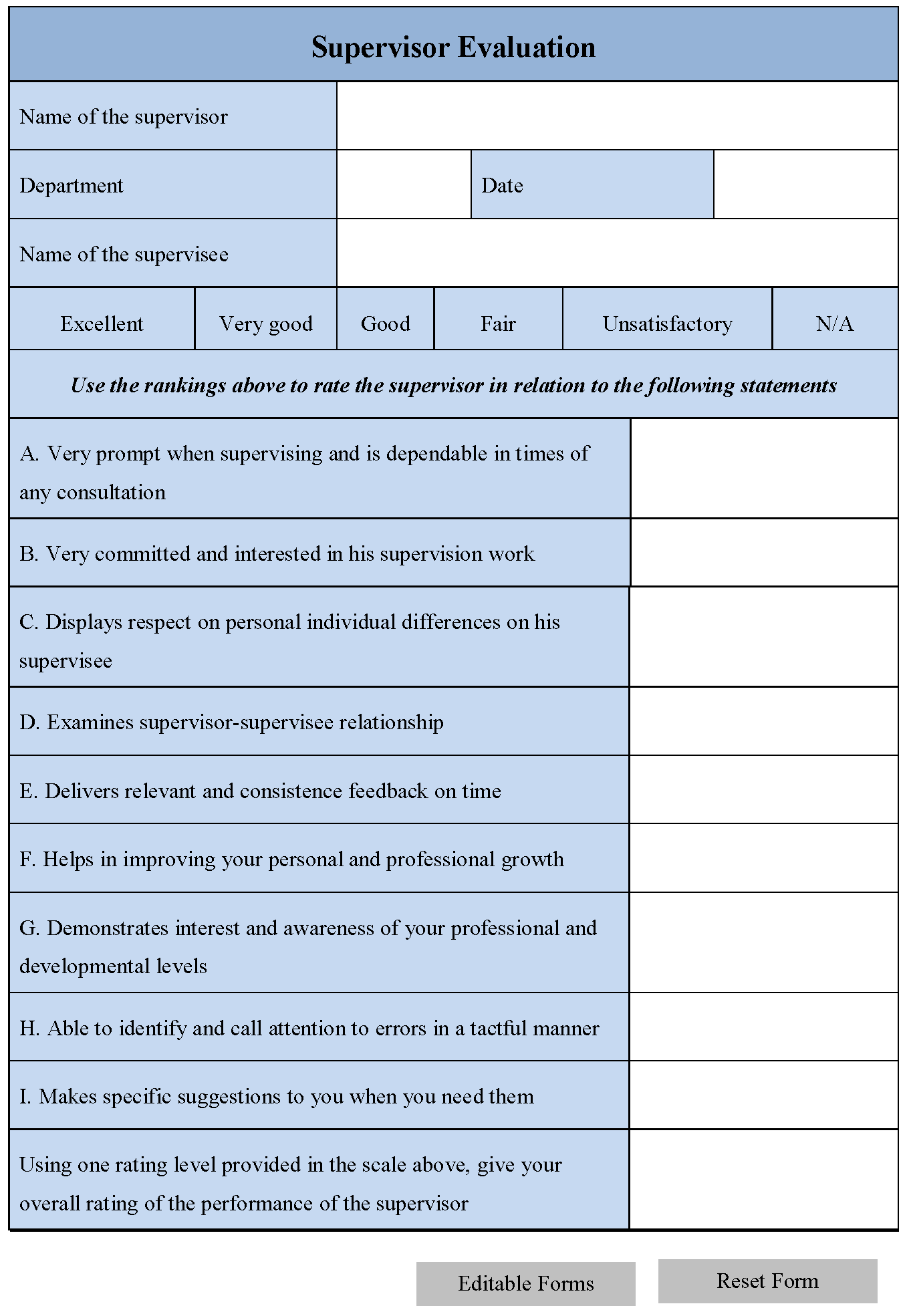 Supervisor Evaluation Form Editable Forms