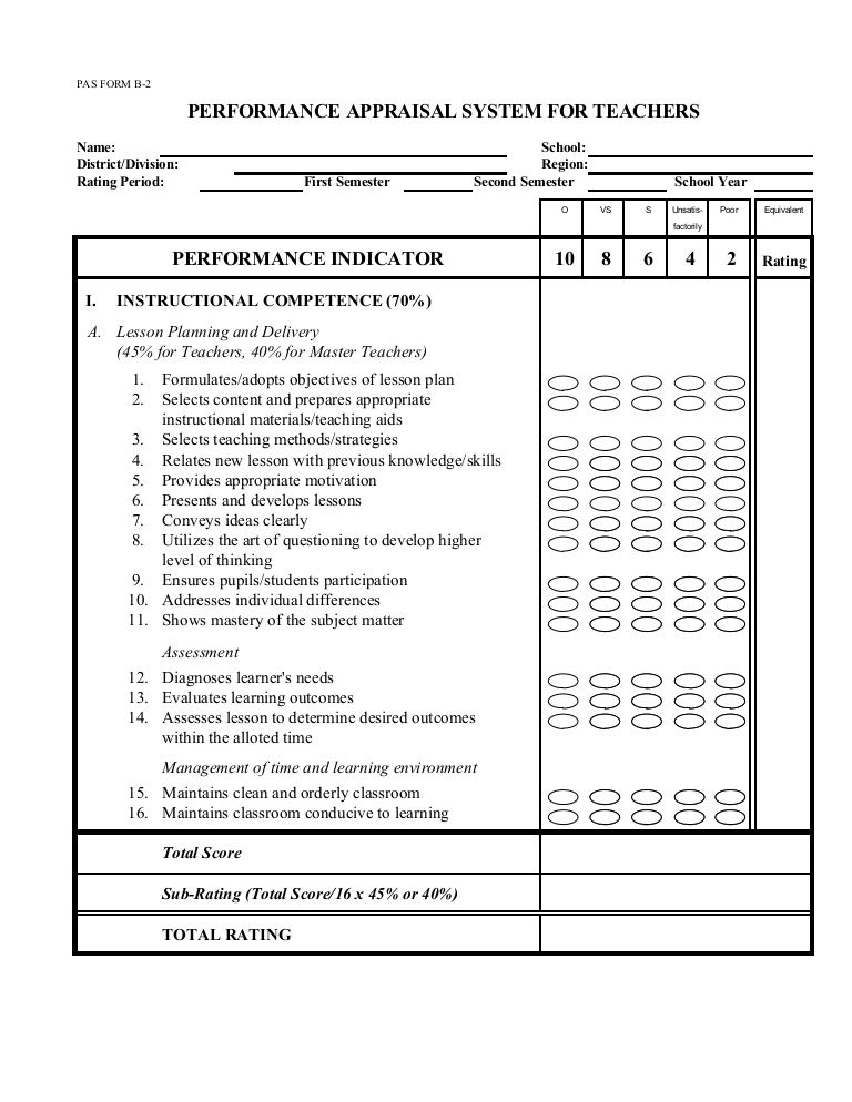 Teacher Evaluation Performance Evaluation Teacher Observation Form