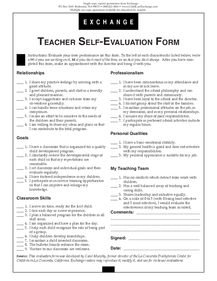 Teacher Self Evaluation Form Free Download