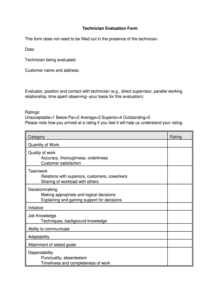 Technician Evaluation Form Fill Online Printable Fillable Blank