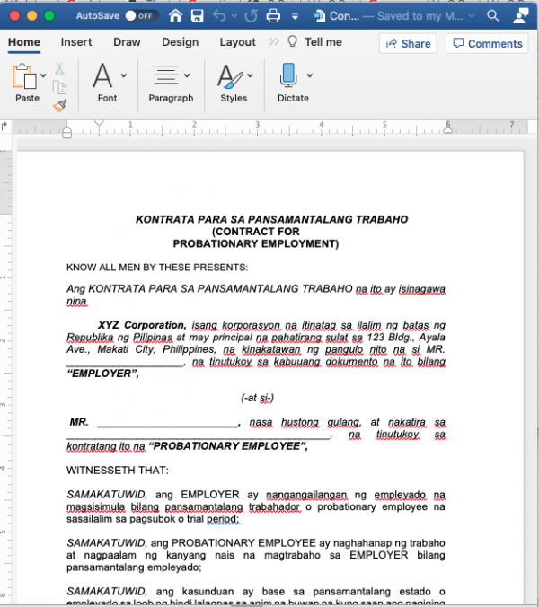 Template Probationary Contract Filipino Tagalog Version Soft Copy