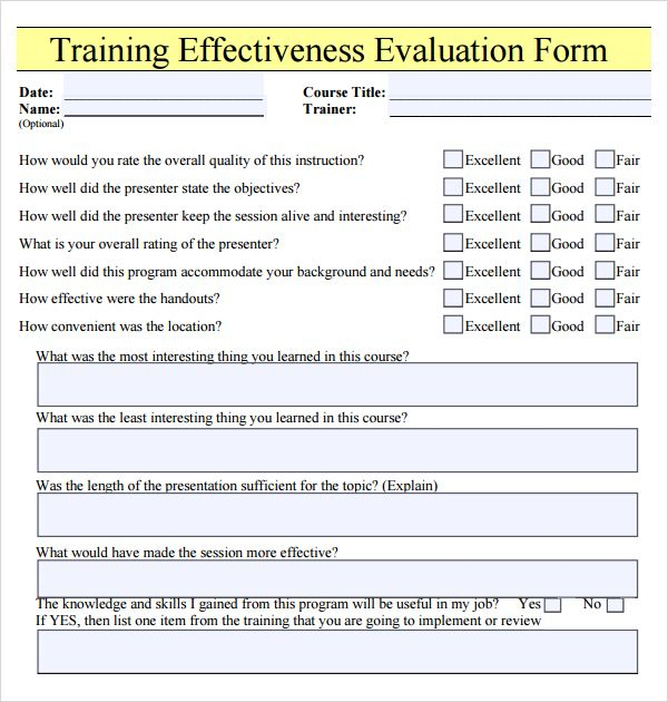Training Evaluation Form 9 Free Download For PDF Training