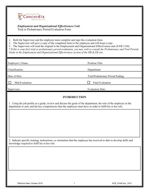 Trial Or Probationary Period Evaluation Form