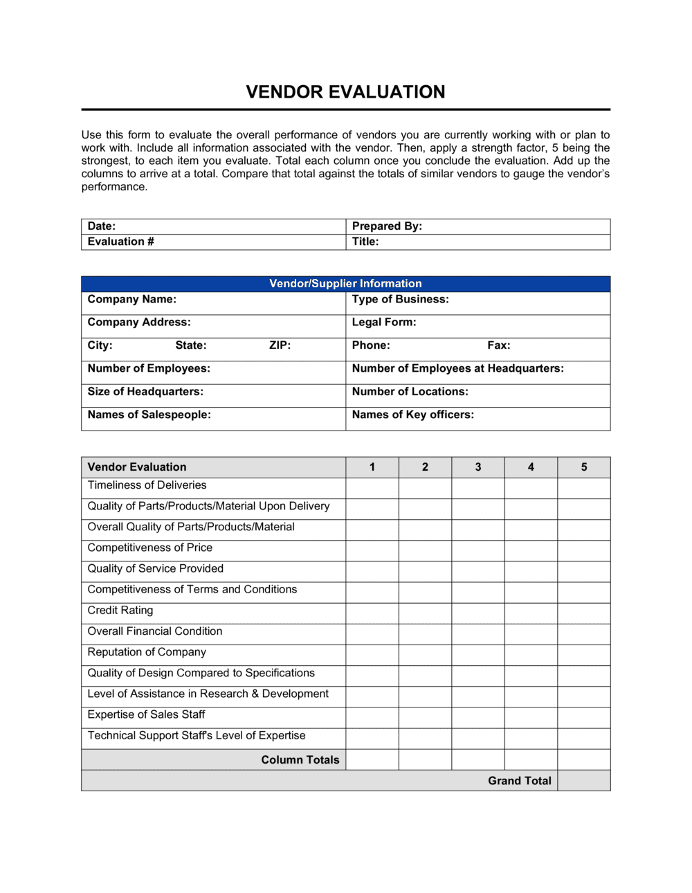 Vendor Evaluation Template By Business in a Box