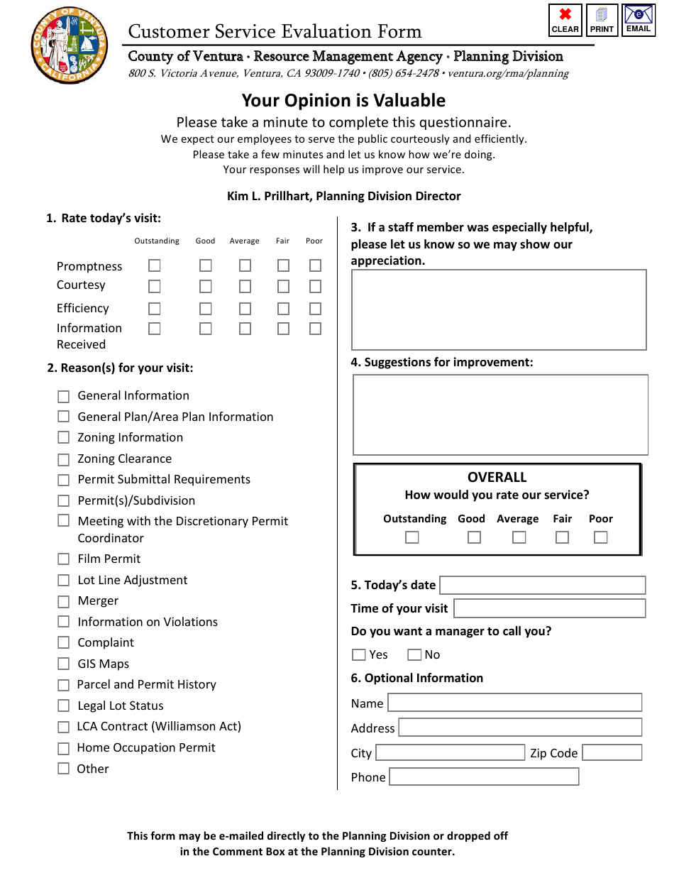Ventura County California Customer Service Evaluation Form Download