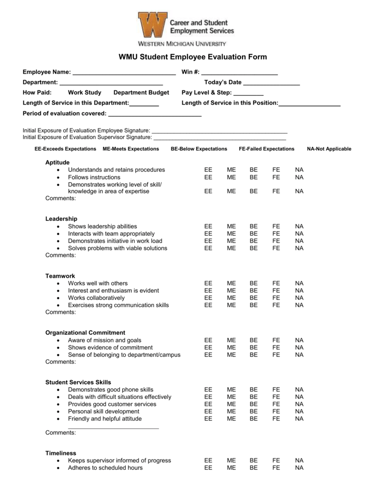WMU Student Employee Evaluation Form